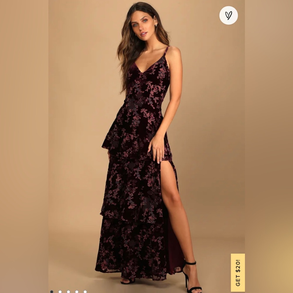 LuLu’s I Love You Amore Plum Purple Floral Velvet Tiered Maxi Dress - Size: M